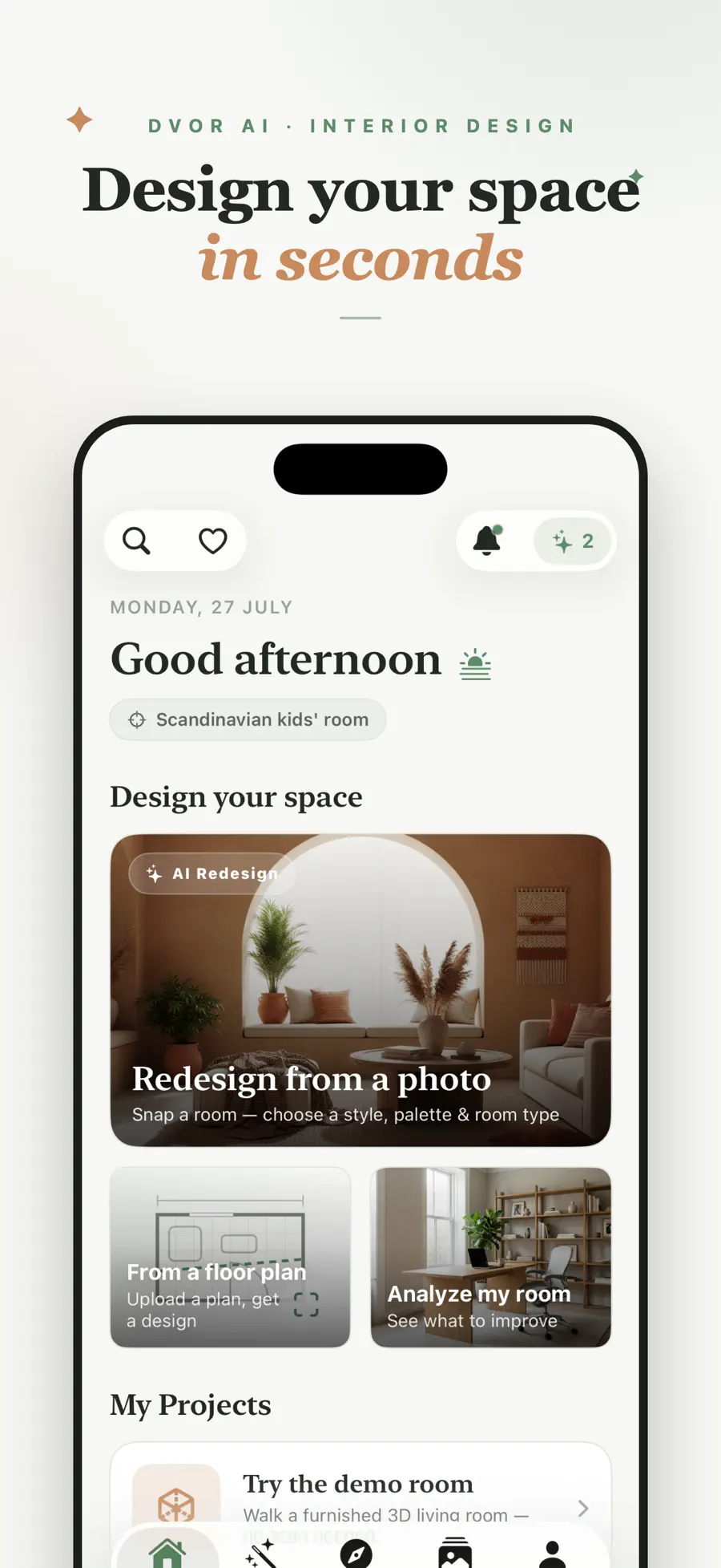 Home screen: start a redesign from a photo